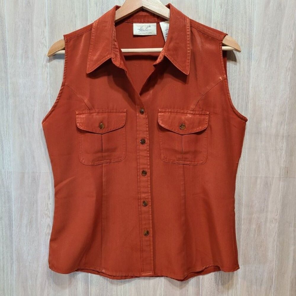 Vintage Kathie Lee Blouse Shirt Womens Small Orange Sleeveless Utility Pocket S